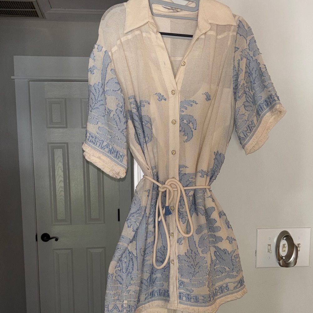 Zimmerman Beige and Blue Button-Up Tunic Dress with Belt